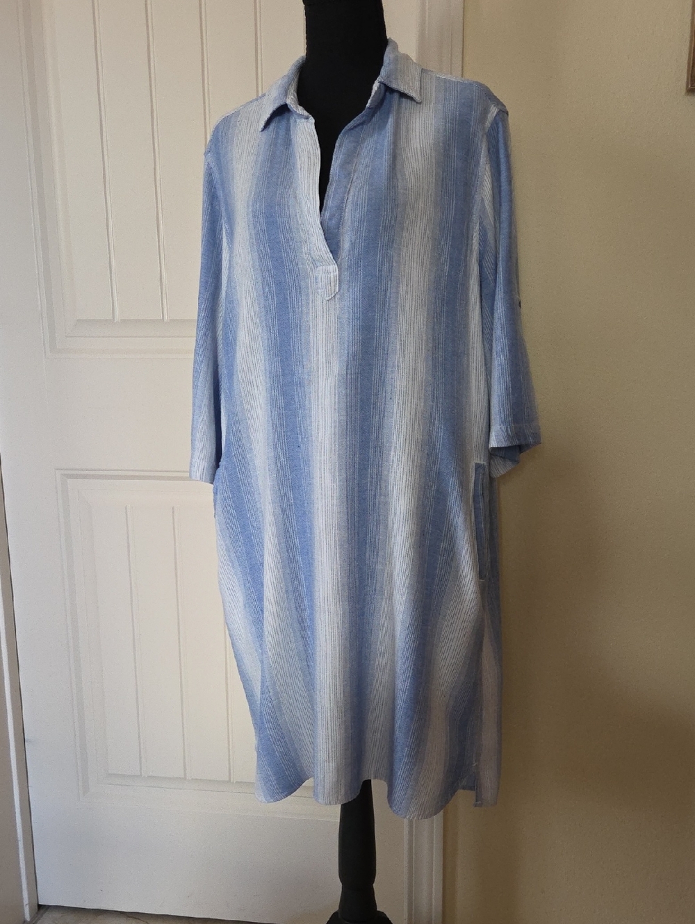BELLA DAHL Hilda Linen Blend Blue Stripe Tunic Shirt Dress, Size M